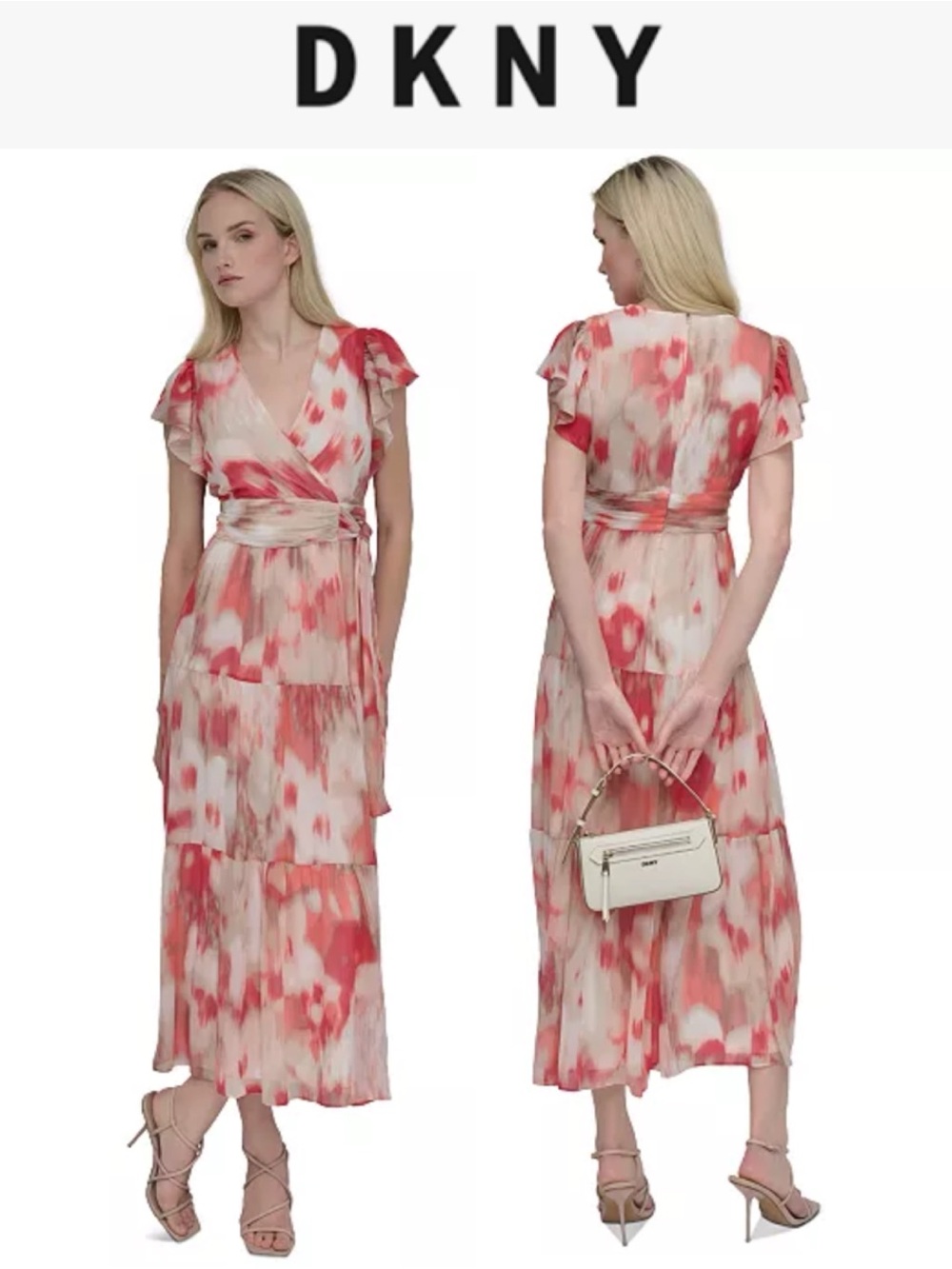 DKNY PINK CORAL WATERCOLOR FLUTTER SLEEVE TIE WAIST MAXI DRESS NWT SIZE 10
